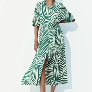 Tropical Stripe Belted Midi Dress